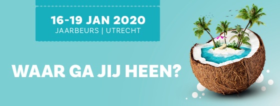 Header afbeelding van aankondiging Vakantiebeurs. Blauwe achtergrond met een afbeelding van een kokosnoot met daarin een bounty eiland met palmboom. 16 - 19 jan 2020 Jaarbeurs Utrecht. Waar ga jij heen?