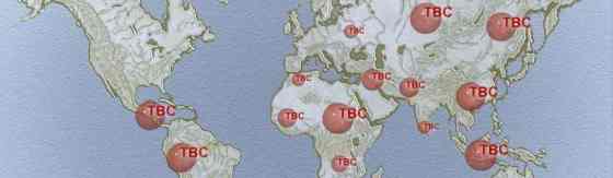 Afbeelding van wereldkaart met landen waar TBC voorkomt. Bij deze landen staat een rode bol met het woord: TBC.