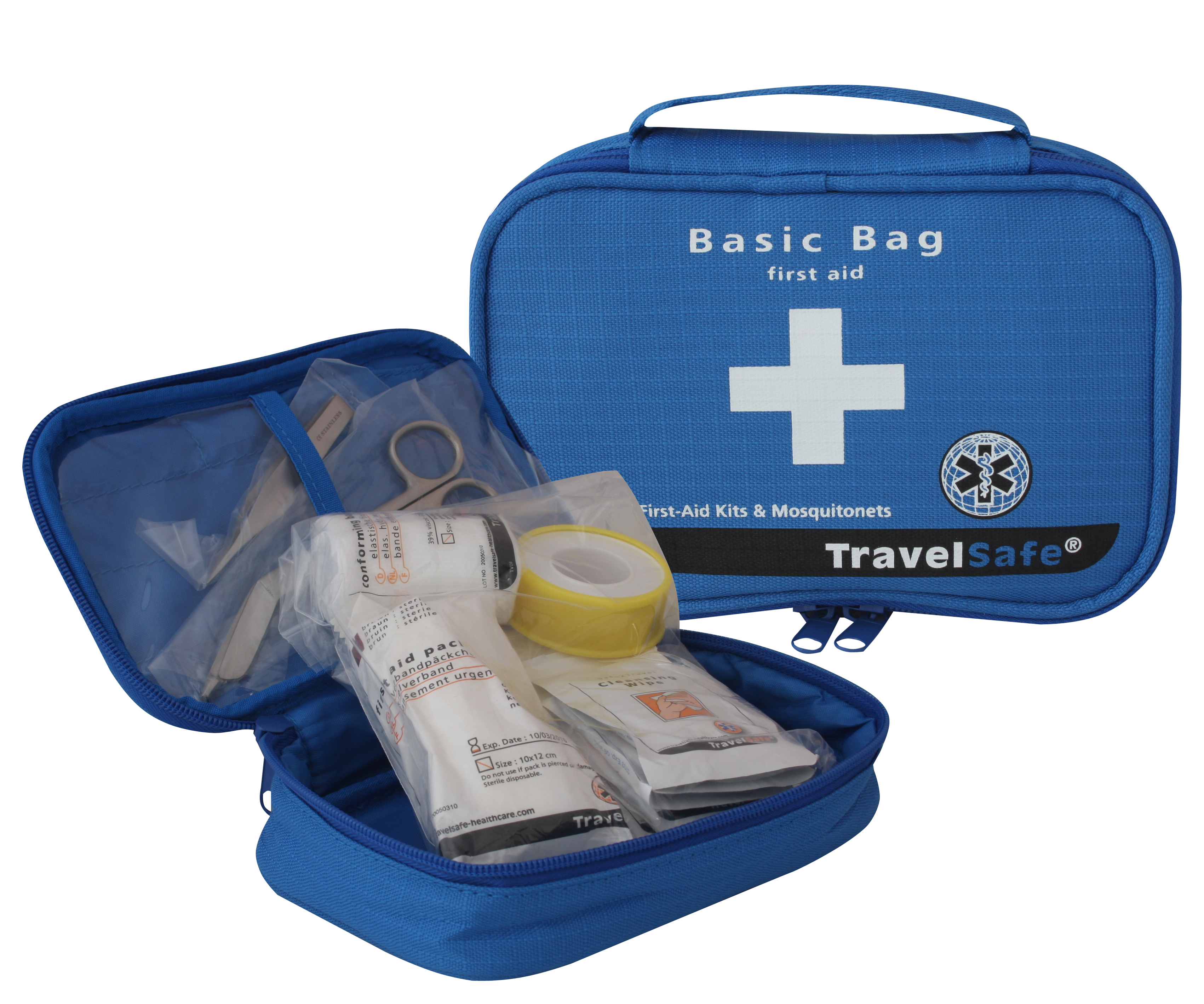 Basic bag first aid kit van TravelSafe®. Blauw tasje met daarin o.a. verbandmaterialen, tape, schaar en pincet.