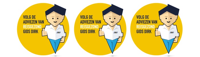 3 keer rond geel logo met daarin avatar Dirk met tekst: volg de adviezen van reis gezond gids Dirk. Dirk heeft blauwe broek en wit overhemd aan en steekt duim omhoog van rechterhand.