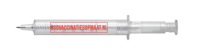 Balpen in vorm van een spuit met in rode letters: vaccinatiesopmaat.nl