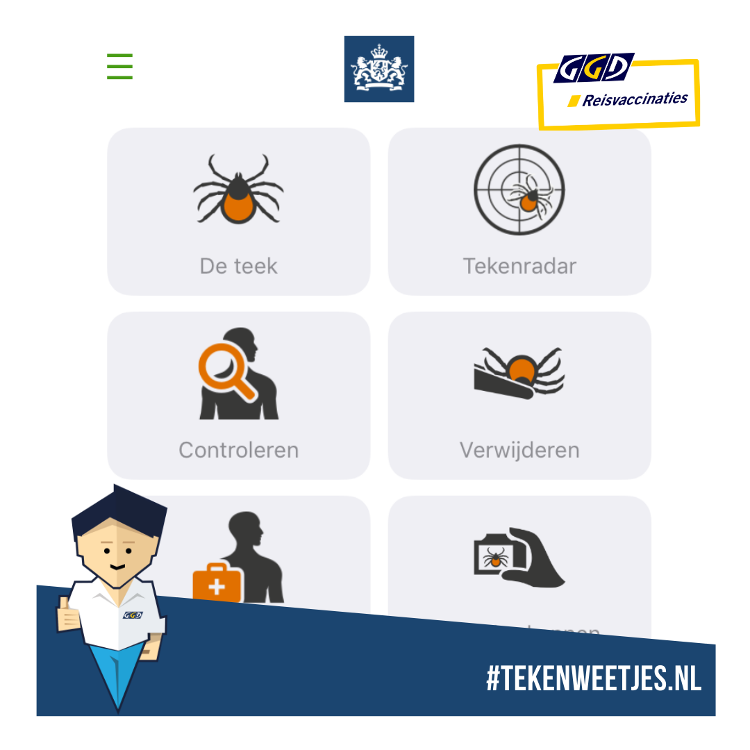 Afbeelding van de Tekenbeet app van het RIVM. Home scherm met iconen, de teek, controleren, ziekte van Lyme, tekenmeldingenkaart, veelgestelde vragen, tekenradar, verwijderen, teek herkennen, Expertise Centrum Lyme, Tekendagboek