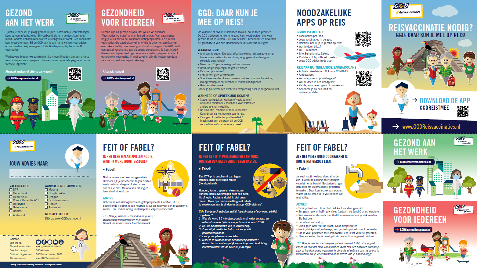 GGD Vijfluikfolder A6 formaat Reisvaccinaties, beroepsvaccinaties en vaccinaties op maat. Informatieflyer met tips. Verwijzging naar de ggdreistmee app en de flyer is in de huisstijlkleuren en bevat avatars.