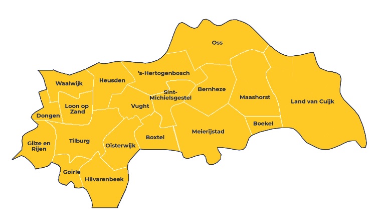 Kaart met daarop de gemeenten die vallen onder de GGD Hart voor Brabant