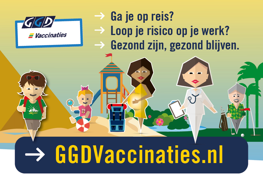 Sticker met logo GGDVaccinaties en website GGDVaccinaties.nl en de tekst: ga je op reis? loop je risico op je werk? gezond zijn, gezond blijven. Daaronder afbeeldingen van een jonge backpacker, een baby, een zwangere vrouw, vijftigplusser en een verpleegkundige.