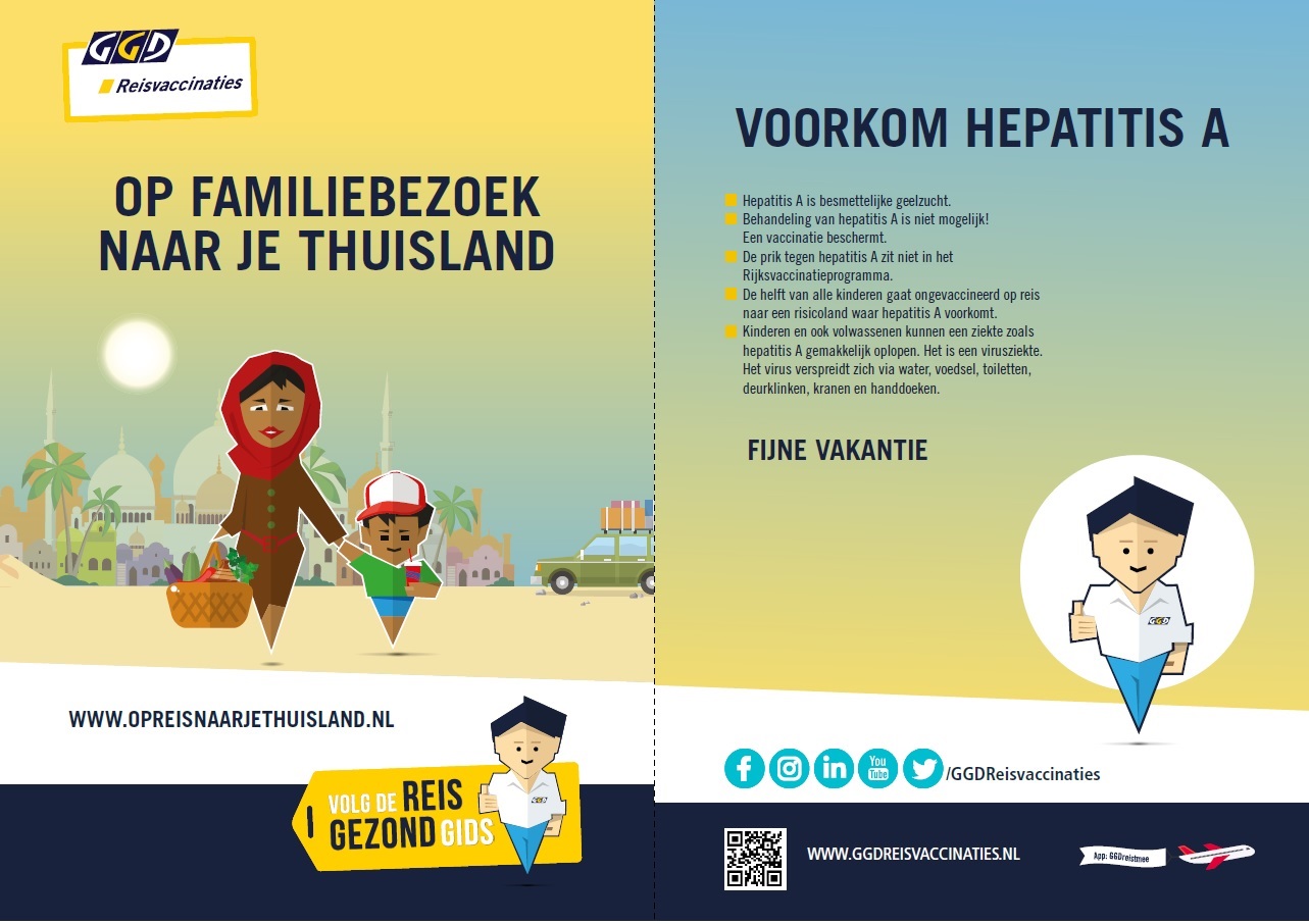 A5 flyer met een Arabische moeder en kind. Op familiebezoek naar je thuisland en verwijzing naar www.opreisnaarjethuisland.nl Op de andere zijde tips om hepatitis A te voorkomen met een link naar de website www.ggdreisvaccinaties.nl en de social media kanalen.