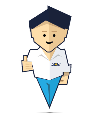 Afbeelding van Dirk. Avatar van GGDReisvaccinaties. Dirk draagt een blauwe broek en witte blouse met het logo van GGDReisvaccinaties op zijn linker borst. Dirk steekt zijn duim omhoog.