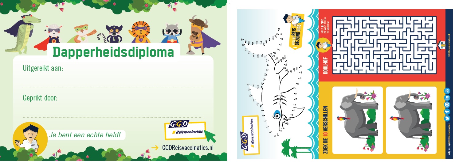 Dapperheidsdiploma met jungledieren, logo van Dirk en GGDReisvaccinaties. Op de andere zijde een doolhof, een lijntekening en zoek de verschillen.