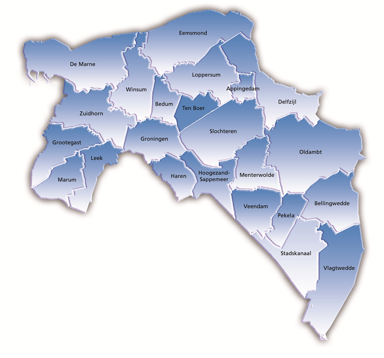 Kaart met gemeenten van de GGD Groningen. Marum, Grootegast, Leek, Zuidhorn, Groningen, Haren, Hoogezand-Sappemeer, Veendam, Pekela, Stadskanaal, Vlagtwedde, Bellingwedde, Oldambt, Slochteren, Ten Boer, Bedum, Delfzijl, Winsum, Appingedam, Loppersum, Eemsmond, De Marne.