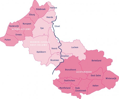 Kaart met gemeenten die behoren tot GGD Noord- en Oost- Gelderland. Oldebroek, Elburg, Nunspeet, Harderwijk, Ermelo, Putten, Hattem, Heerde, Epen, Apeldoorn, Voorst, Brummen, Zutphen, Lochem, Bronckhorst, Berkelland, Doetinchem, Montferland, Oude IJsselstreek, Aalten, Oost Gelre, Winterswijk, Berkelland.