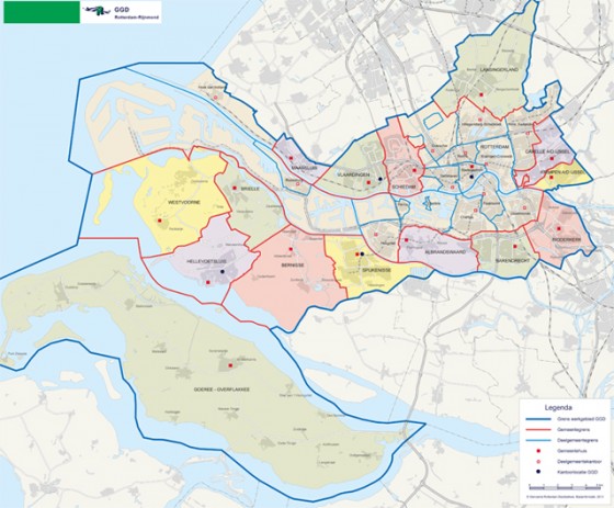 Kaart met alle gemeenten die bevallen onder GGD Rotterdam-Rijnmond