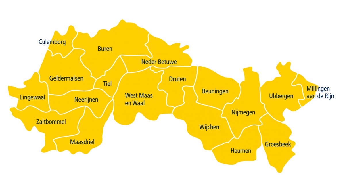 Kaart met gemeenten van de GGD Gelderland-Zuid. Millingen aan de Rijn, Ubbergen, Groesbeek, Nijmegen, Heumen, Wijchen, Beuningen, Druten, West Maas en Waal, Neder Betuwe, Tiel, Maasdriel, Neerijnen, Buren, Geldermalsen, Culemborg, Zaltbommel, Lingewaal.
