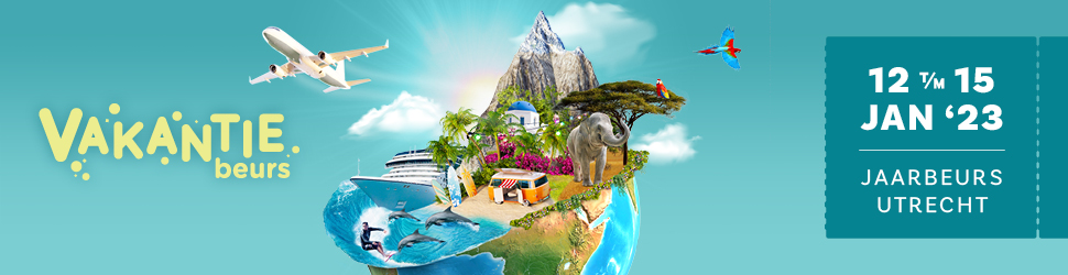 Banner van de Vakantiebeurs 12 t/m 15 januari 2023. Jaarbeurs Utrecht
