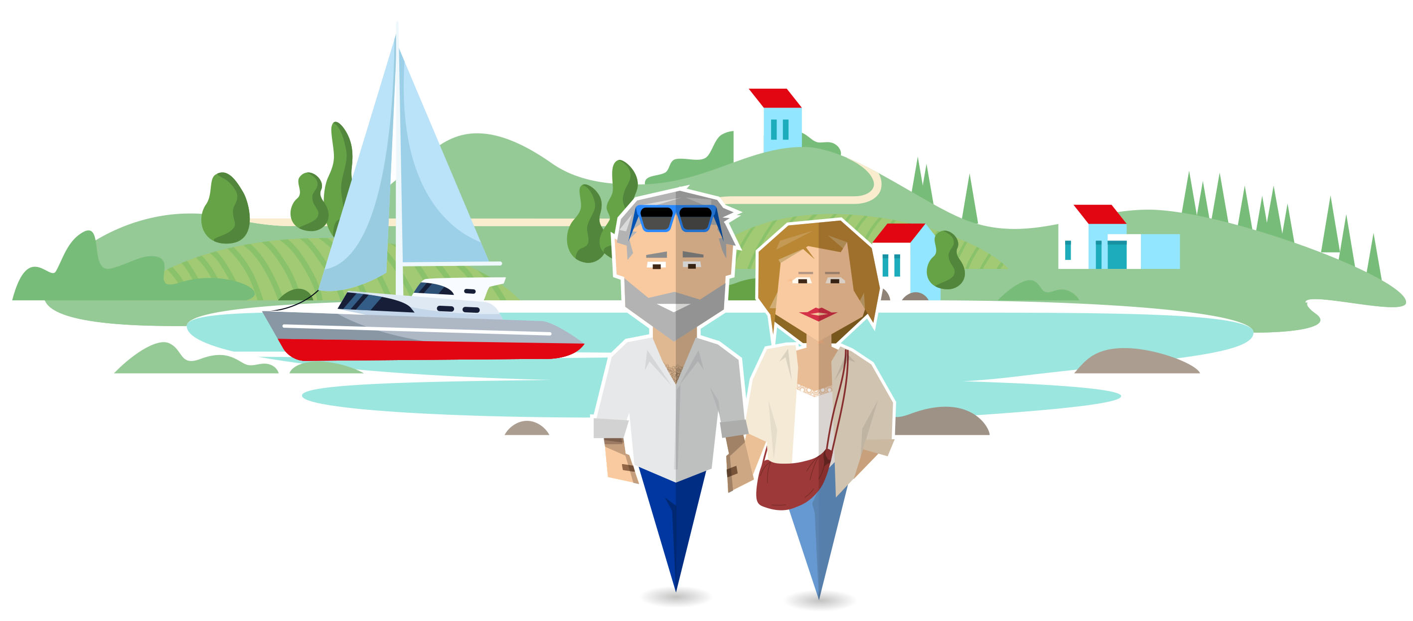Animatie van vrouw en man 50+ op reis met op de achtergrond een speedboot en heuvellandschap met huizen