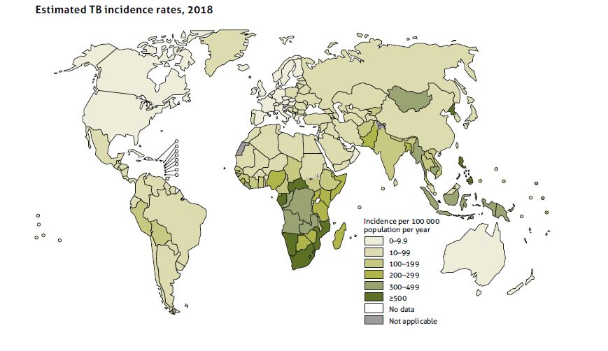 Afbeelding van wereldkaart hoeveel TBC er per land voorkomt. Hoe donkerder de kleur, hoe meer TBC voorkomt.