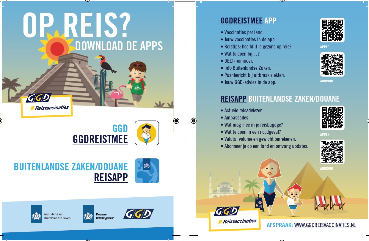 Flyer van de app GGDreistmee en Reisapp Douane en Buitenlandse Zaken met QR codes om de app te downloaden.