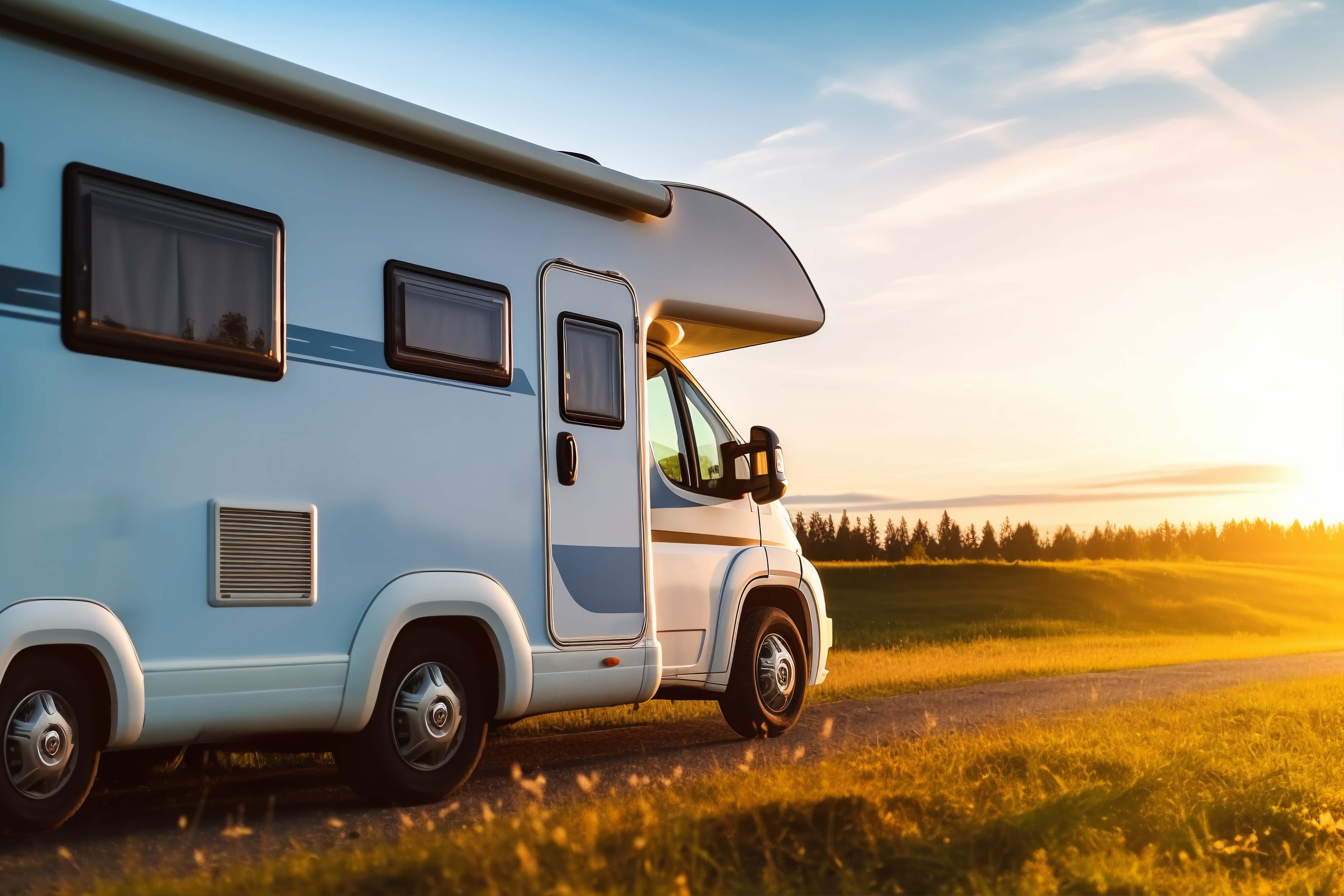 Camper staat op een veld met zonsondergang 