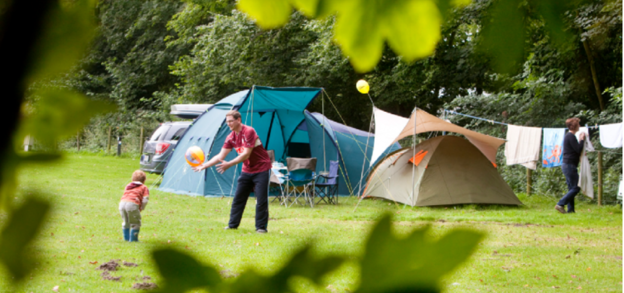 Op de camping bij tent, vader met zoon balspel, risico tekenbeten