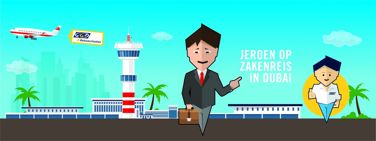 Header afbeelding van zakenreiziger. Jeroen op zakenreis in Dubai voor een luchthaven. Avatar van Dirk onder in beeld