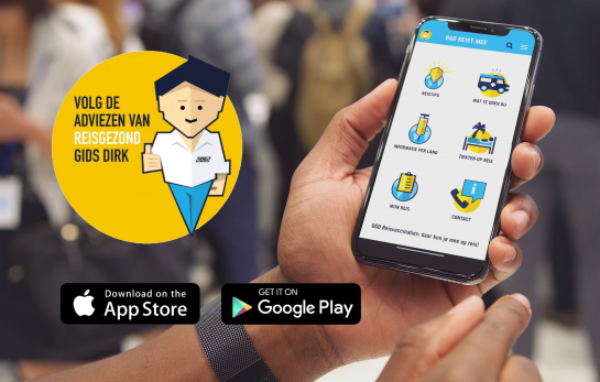 Afbeelding van hand met telefoon en daarop het home scherm van de app GGDReistmee. Reistips, wat te doen bij, informatie per land, ziekten op reis, mijn reis, contact. Download on the App store. Get it on Google Play. Afbeelding van avatar Dirk. Volg de adviezen van reisgezond gids Dirk. 